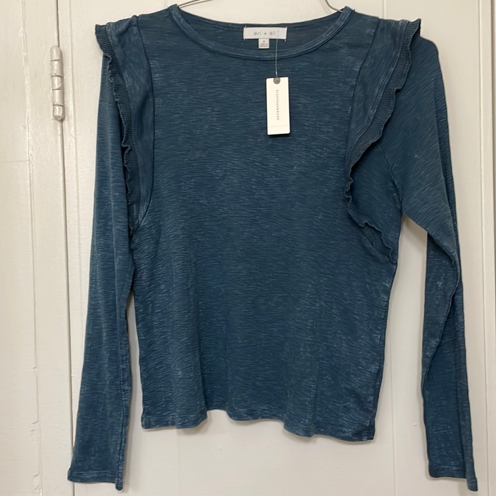 NWT Anthropologie Eri + Ali Priscilla Washed Ruffle-Sleeve Top Teal sz S cotton - Picture 2 of 8